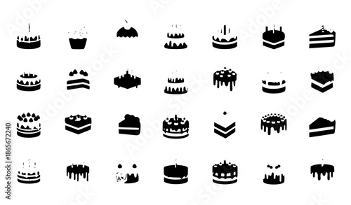 Birthday cake flat vector icon set with celebration dessert illustrations for web design