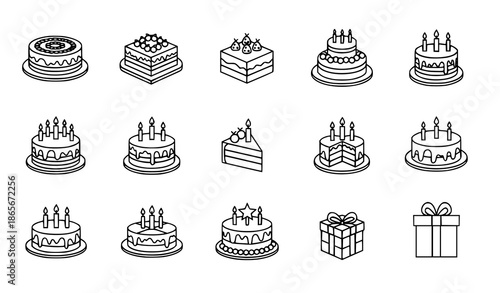 Flat birthday cake vector icon collection with simple party dessert designs