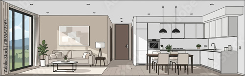 Modern minimalist interior design of an open-plan living room and kitchen space with large window and natural light