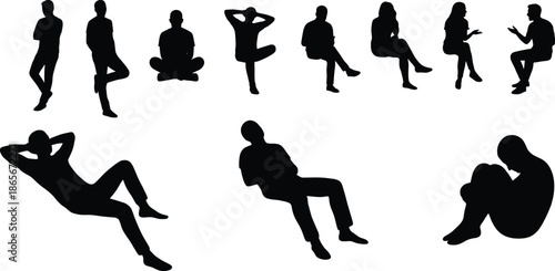 Silhouettes of diverse seated and relaxed human postures expressing emotion, introspection, and casual body language for conceptual design use