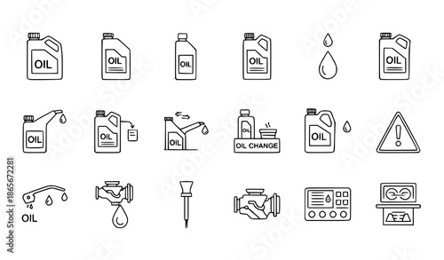 Outline motor oil vector icon collection with car maintenance and engine lubrication symbols