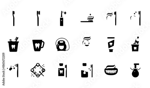 Toothbrush dental flat vector icon set with oral hygiene care symbols for web design