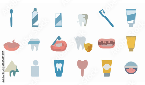 Toothbrush dental flat vector icon set with oral care and hygiene illustrations
