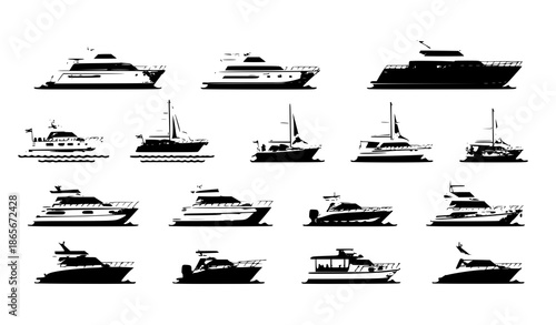 Luxury trip boat flat vector icon set with premium sailing and yacht symbols
