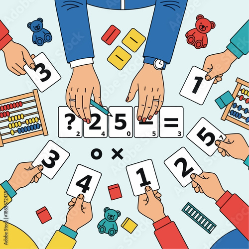 Children and adults playing a math card game around a table with abacuses and number cards.