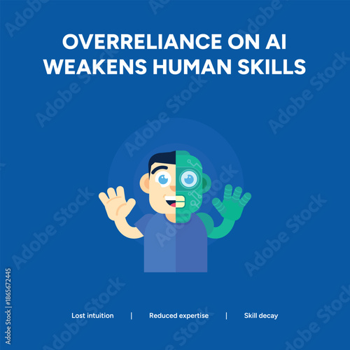 Overreliance on AI Weakens Human Skills Illustration of a Half Human Half Robot Face Representing Skill Decay