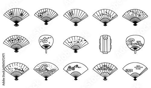 Japanese handheld fan flat vector icon set with traditional and decorative fan illustrations
