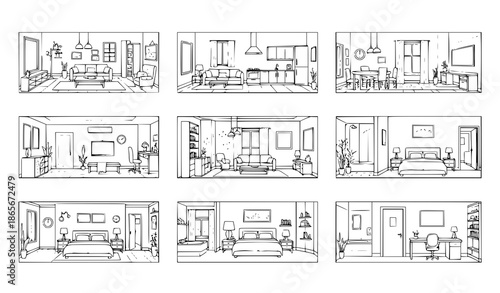 Outline house interior vector web banner set with clean monoline room illustrations