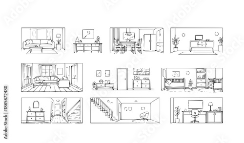 Minimal house interior outline banner vector set with clean room line art illustrations