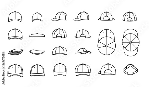 Baseball cap views vector icon set with 25 simple hat perspective illustrations for web design