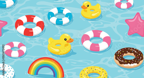 Summer pool background with various colorful floaties including doughnuts rubber ducks stars and a rainbow in blue water.