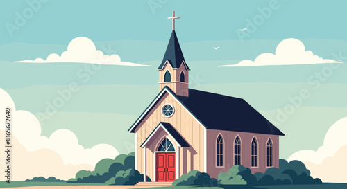 Small wooden church with red doors and a cross on top standing in a green landscape under a bright blue cloudy sky.