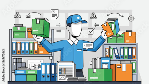 Delivery Worker Organizing Boxes and Documents in Warehouse