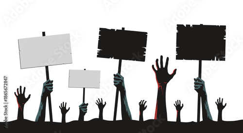 Silhouettes of numerous hands raised high holding blank placards and signs against a white background representing a protest or demonstration.