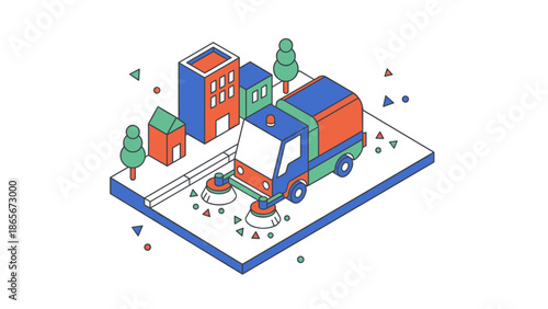 Isometric illustration of a street sweeper cleaning the city streets.