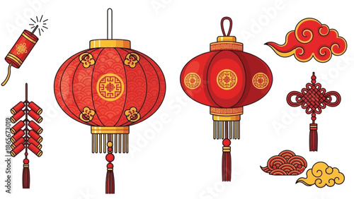 Illustrative set of authentic Chinese cultural symbols for Lunar New Year festivities. Features traditional red lanterns, firecrackers, ornate clouds, and decorative knots