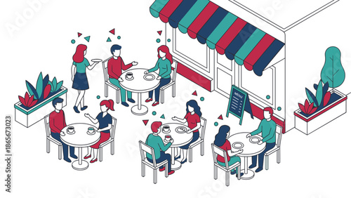 Isometric illustration of people enjoying coffee and food at a cafe.