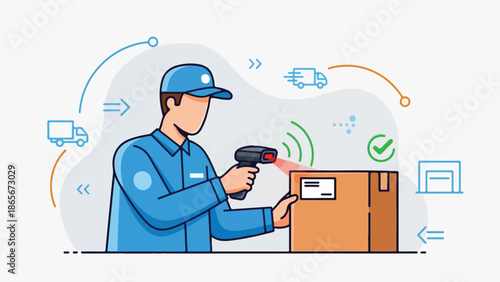 Delivery Worker Scanning Package with Barcode Scanner