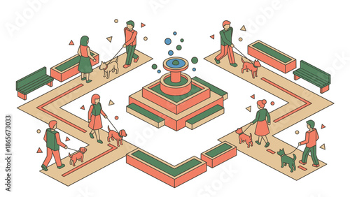 Isometric illustration of people walking dogs in a park with a fountain.
