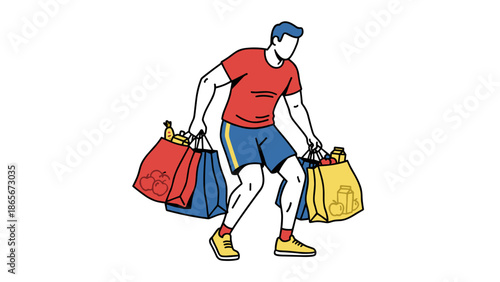 Man carrying shopping bags with groceries after a purchase.