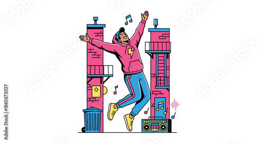 Joyful Young Man Dancing with Music Notes and Stereo Illustration.