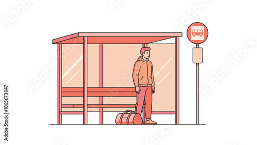 Man waiting patiently at the bus stop with luggage ready to travel.