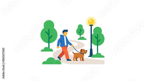 Man walking his dog in the park during a sunny day.