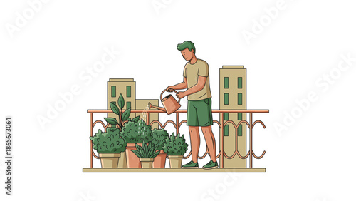 Man watering plants on balcony tending to potted greenery illustration.