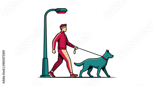 Man walking his dog under a street lamp in the city.