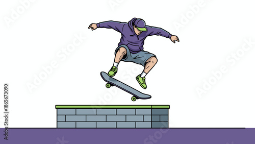 Skateboarder Performing an Aerial Trick Over a Brick Wall in Illustration.