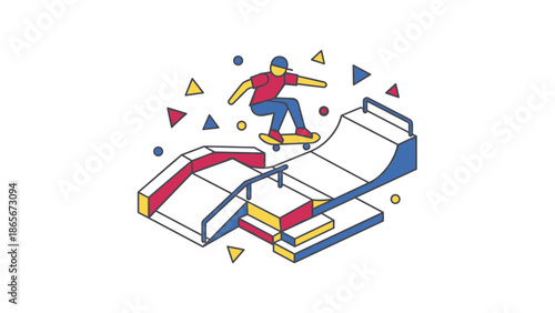 Skateboarder performing a trick on a ramp colorful illustration isometric view.
