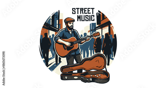 Street musician playing acoustic guitar performing for passersby urban setting.
