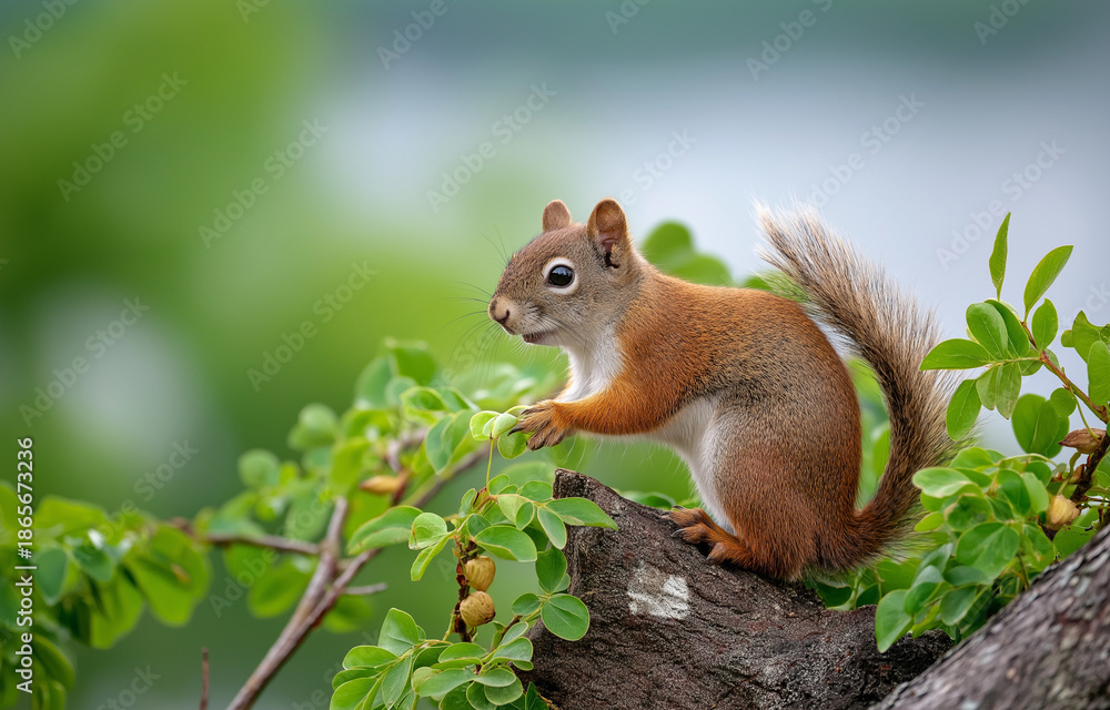 Fototapeta premium a red squirrel standing on its hind legs,