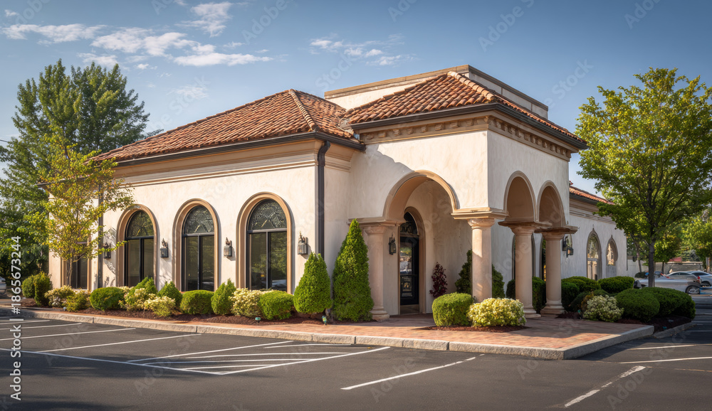 Obraz premium Elegant medical clinic building with mediterranean-style architecture featuring arched windows, stucco walls, and terracotta tiled roof in a landscaped setting