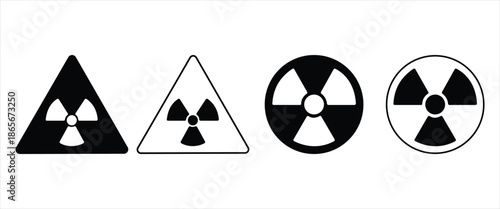 Radioactive Warning Icon Set – Radiation Hazard Triangle Symbol, Caution Sign, Outline and Filled Black Vector Icons