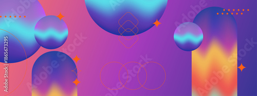 Gradient circles stars and geometric shapes create a vibrant modern design. Ideal for backgrounds, digital art, branding, and modern aesthetics