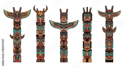 Five detailed illustrations of traditional indigenous totem poles featuring various animal and human faces in earthy tones and colors.
