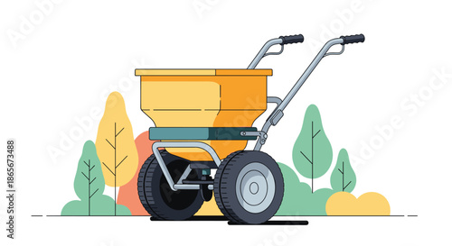 Yellow fertilizer or seed spreader on large black wheels standing in a park with colorful autumn trees in the background for maintenance.