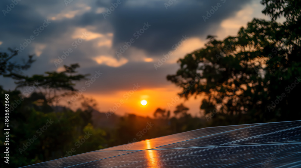 Fototapeta premium Solar panels reflect the setting sun against a backdrop of trees and a dramatic sky, symbolizing renewable energy in a natural environment during dusk