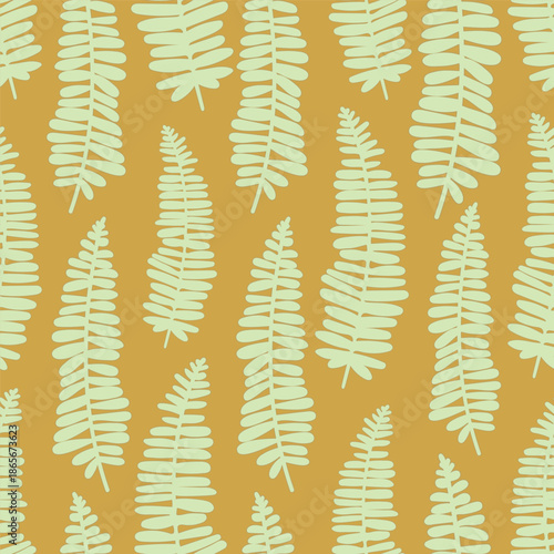 Hand drawn one directional fern leaves in a minimalist foliage pattern in colors of beige on a yellow background. Abstract tropical leaf seamless vector pattern.Great for home decor, fabric, wallpaper