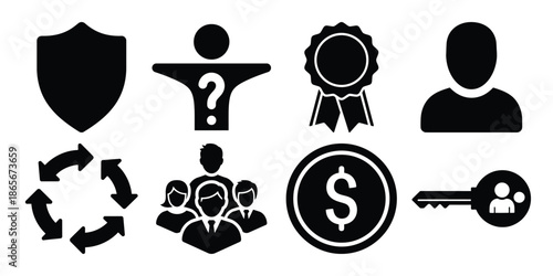 Set of black business and security icons shield, question mark person, award ribbon, user profile, recycle arrows, team group, money coin, and key with user symbol