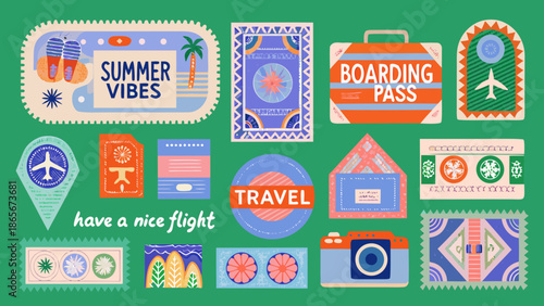 colorful travel stickers and icons on a green background