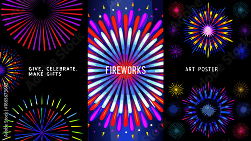 vibrant colorful fireworks art poster with various exploding designs