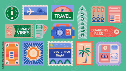 colorful travel stickers and icons for summer vacation planning