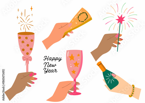 Hands holding champagne and fireworks celebrating happy new year