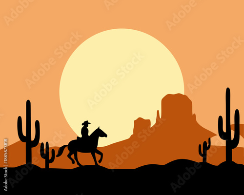 a cowboy rides horse through desert landscape with cacti and large sun