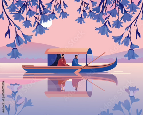 A serene boat ride under the moonlight with two people