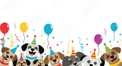 Group of happy dogs of various breeds wearing colorful party hats and celebrating with balloons and confetti for a dog birthday party.