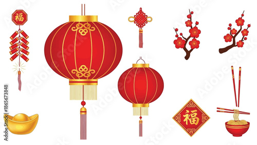 Collection of traditional Chinese New Year decorations, including lanterns, firecrackers, and auspicious symbols