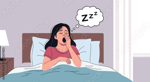 Young woman in a pink shirt yawning and stretching while sitting in bed with a sleep thought bubble above her head.